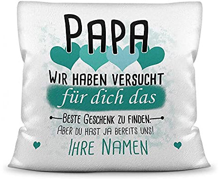PR Print Royal Kissen mit Füllung Papa von mehr Kindern - Personalisiert mit Wunschnamen in Türkis - zum Geburtstag und Vatertag - Kissen Polyester weiß - flauschig, 40 x 40 cm