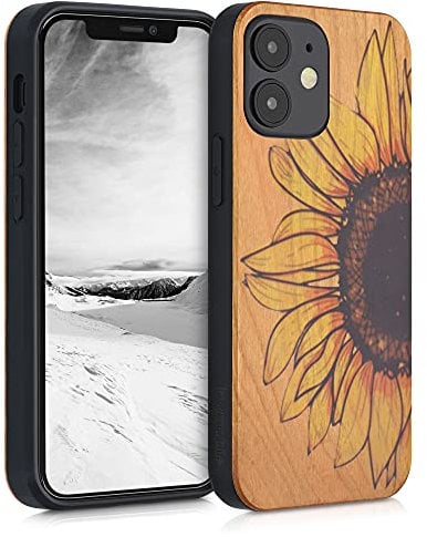 kwmobile Hülle kompatibel mit Apple iPhone 12 Mini Hülle - Holz Case - Handy Cover - TPU Handyhülle in Gelb Dunkelbraun Hellbraun Wood Sunflower