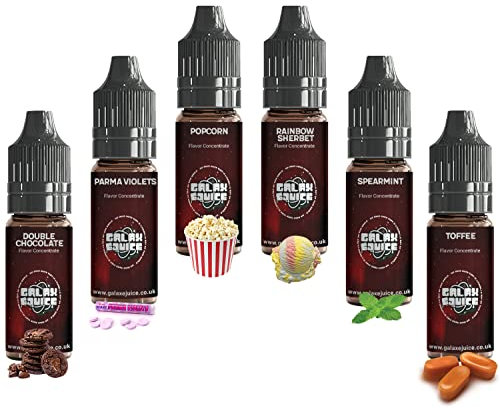 Food Flavouring and Essences - 6 x 10ml Sweet Shop Multi Pack - Double Chocolate, Parma Violets, Popcorn, Rainbow Sherbet, Spearmint, Toffee