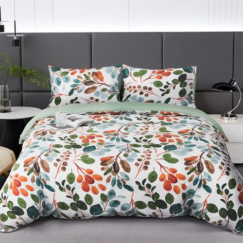 Parure de Lit Floral Microfibre à Motif Printemps Branches et Feuilles, 1 x Housse de Couette 240x260 cm 2 Personnes et 2 x Taies d'oreiller 65x65 cm Moderne avec Fermeture Eclair, Vert