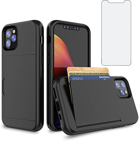 Asuwish Phone Case for iPhone 11 6.1 with Tempered Glass Screen Protector Cover and Credit Card Holder Stand Slim Hybrid Cell Accessories iphone11case iPhone11 i Phone11 11s XI 11R Women Men Black