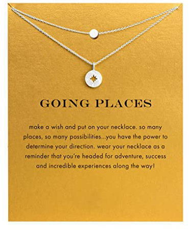 upeilxd Layering Compass Dot Pendant Necklace with Brave Inspirational Message Card Necklaces Friendship Sun Good Luck Adventure Mountain Pendant Chain Necklace for Women Girl Gift