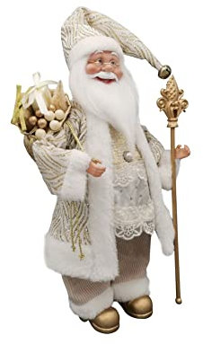 LORENZON GIFT Ellegift Weihnachtsmann Weiß und Gold mit Zepter, Weihnachtsdekoration, Dekoration für Innen- und Außenbereich, aus Polyresin und Stoff, 46 cm hoch