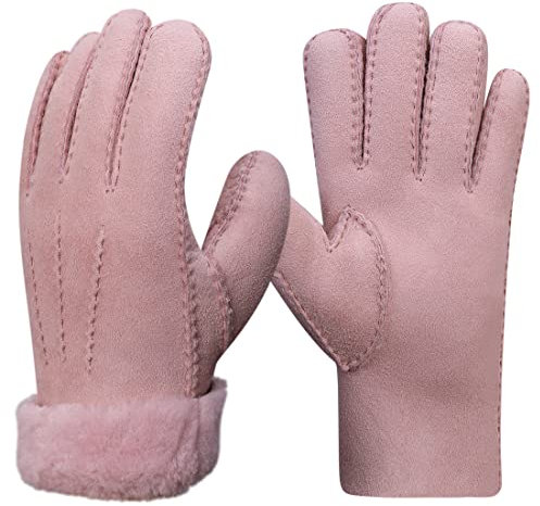 Harssidanzar Lederhandschuhe für Damen,Winter kaltes Wetter beheizt warmes Kleid Fahrhandschuhe KL025EU,Rosa,Größe L