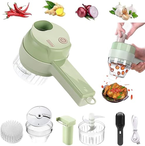 4 in 1 Handheld Electric Vegetable Cutter Set, Multifunctional Mini Electric Grinder Garlic Mud Masher Chopper, Portable Wireless Food Processor with Brush, for Garlic Chili Onion Ginger Celery Meat