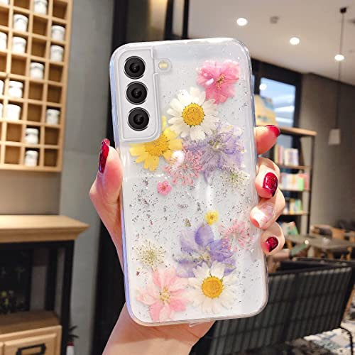 EYZUTAK Getrocknete Blumen Hülle für Samsung Galaxy S23, Weiche Schlanke TPU Klar Funkeln Sterne Glitzer Silikon Gel Stoßfeste Blume Schutztasche-Blaue Rosa