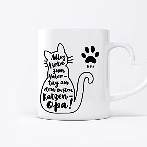 Pet Printed Bester Katzenopa Tasse mit herzförmigem Henkel - Personalisierte Kaffeetasse mit Spruch & Namen - Lustiges Geschenk für Katzenbesitzer