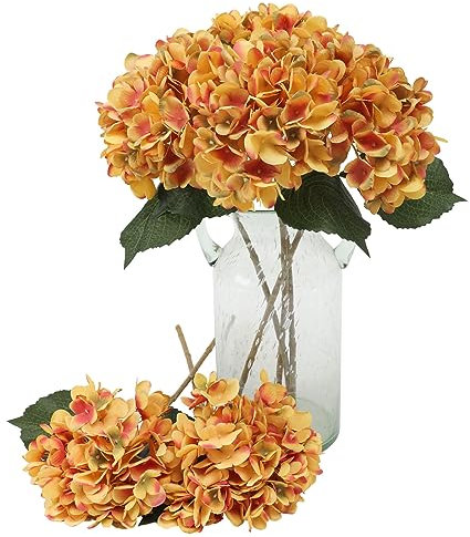 Kisflower Künstliche Hortensien aus Seide, realistische Hortensien, Blumenstrauß für Hochzeit, Party, Büro, Heimdekoration, 6 Stück, gebranntes Orange