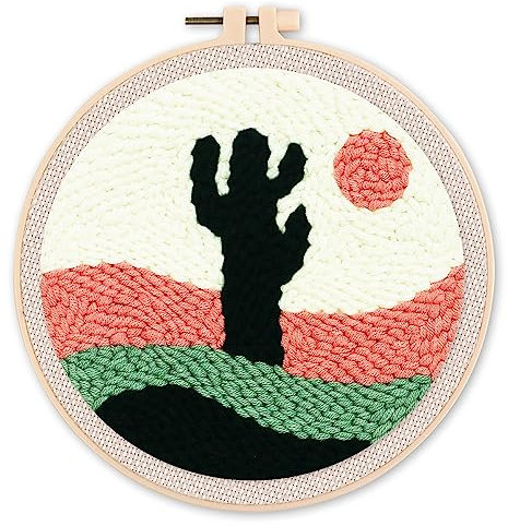 Figured'Art Punch Needle Kit de Bordado Adultos y Niños - Cactus desértico - Manualidades Kit de Aguja Mágica DIY completo - 20x20cm con bastidor circular