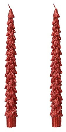 Kaemingk Spitzkerzen ca. 25cm 2er Set mit Glitzer Wachs Weihnachtskerzen Tannenbaum Weihnachtsrot