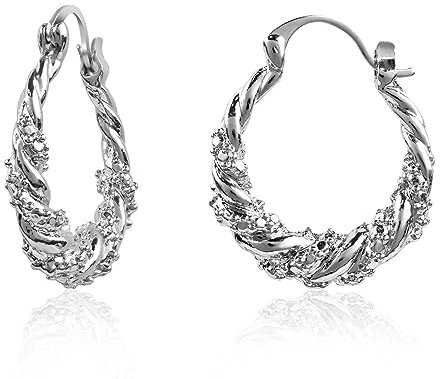 Weviway Silver Oval Huggie Hoop Earrings, Cubic Zirconia Design, Twisted Pattern, Handmade Jewellery
