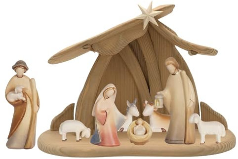 Akantus Leonardo Weihnachtskrippe aus Holz: 8er Set mit Stall HL.Nacht klein (8,5 cm, bemalt)