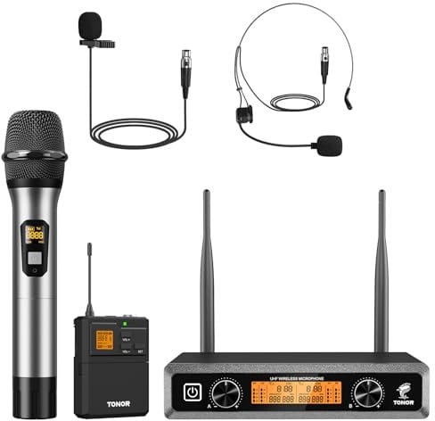 TONOR UHF Wireless Microphones System with Metal Cordless Handheld/Headset/Lavalier Lapel Mics, Bodypack Transmitter, Receiver, 2 * 5 Channels 60M Range for Singing Karaoke Church Party DJ PA Speaker