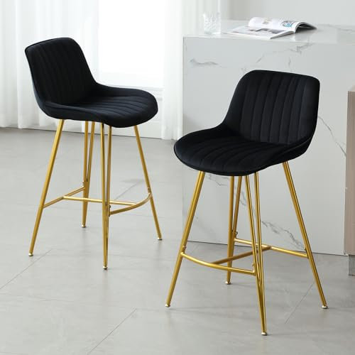 chairus Tabourets de Bar en Velours Lot de 2 Tabourets de Comptoir sans Accoudoirs Chaise Haute de Cuisine avec Pieds en Métal Doré (Noir-2)