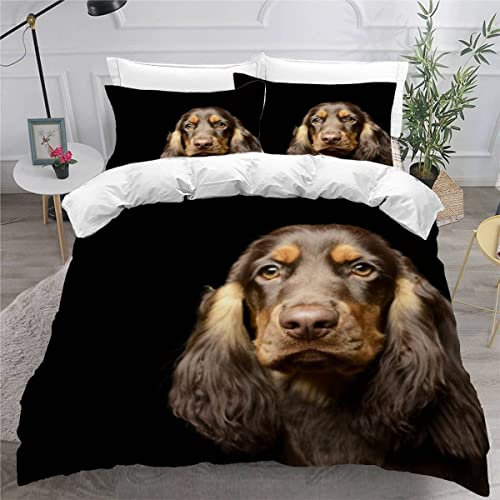MEVASA Bettwäsche 135x200 Englischer CockerSpaniel Bettwäsche-Set 3 Teilig 3D-Druck Hund Tier Schwarz Bettbezug 135x200 mit Reißverschluss Weiche Mikrofaser Kinderbettwäsche mit 2 Kissenbezug