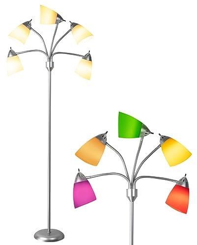 Mordern LED 5 Way Floor Lamp Sliver,LED Tree Standing Lamp with 5 White & 5 Colorful Lamp Shades, Multi Light Floor Lamp with Adjustable Gooseneck for Living Room, Bedroom, Kids Room, Silver, E27 Base