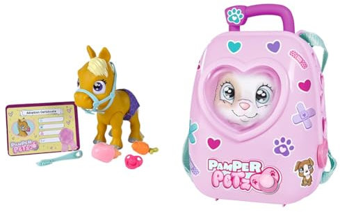 Simba 105950009 - Pamper Petz Pony, 24cm Spielzeug Pferd mit Trink- und Nässfunktion & 105953526 - Pamper Petz Backpack, 2-in-1 Rucksack, 7 Teile, Doktorzubehör