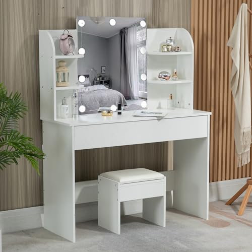 Thanaddo Schminktisch mit Beleuchtung, Spiegel, Hocker, Schublade & 4 Ablagefächern, 105 x 40 x 140 cm, Frisiertisch, Modern Kosmetiktisch, Weiß