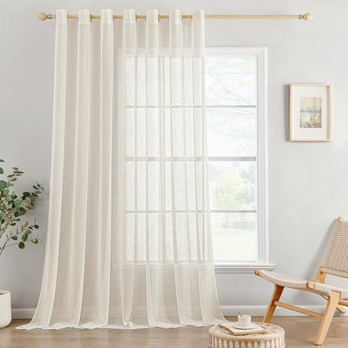 MIULEE 1er Set Voile Vorhang Sheer Leinenvorhang mit Ösen Transparente Leinen Optik Gardine Ösenschal Wohnzimmer Fensterschal Lichtdurchlässig Dekoschal Schlafzimmer 300x245cm (B x H) Hellbeige