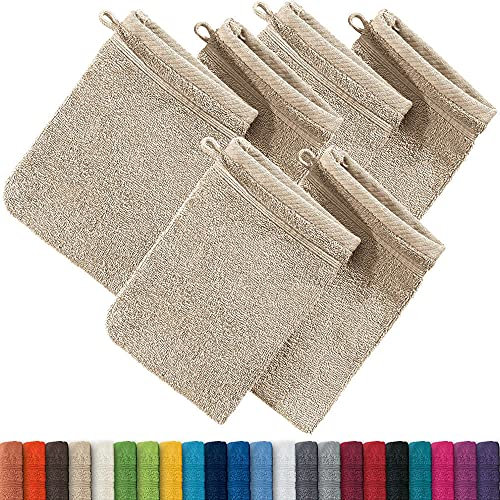 Erwin Müller Waschhandschuh Heidelberg 6er- Pack, 100% Baumwolle beige Größe 15x21 cm - weiche Qualität, saugstark und strapazierfähig - praktisch durch Schlaufe