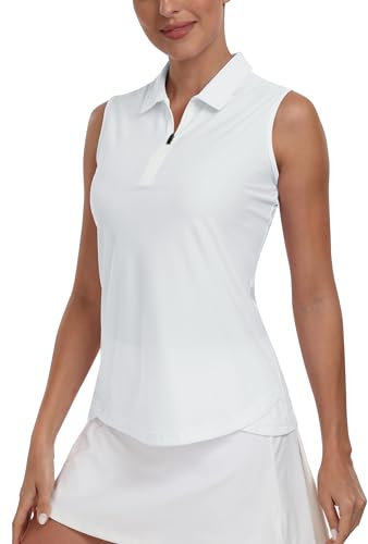 MoFiz Damen Polo Shirt Ärmelloses Golf T Shirt Elegant Sommershirts Lauftop Sport mit Reißverschluss Weiß-B L