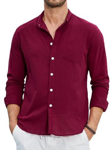 Enlision Mens Burgundy Linen Shirts Long Sleeve Shirt Wine Red Henley Cotton Casual Summer Button Down Beach Holiday with Pocket L