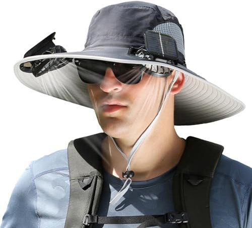 Hat with Fan Built in - Summer Bucket Hat with Fan Wide Brim Solar Fan Outdoor Fishing Hat-Solar & USB Charging 3 Adjustable Wind Speeds UPF 50+ Sun Hat UV Protection Hat for Men Women, Dark Gray