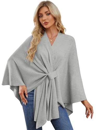 PULI Dam elegant poncho stickad ponchos capes öppnas fram mångsidig sjal med flik, GRÅ, En Storlek
