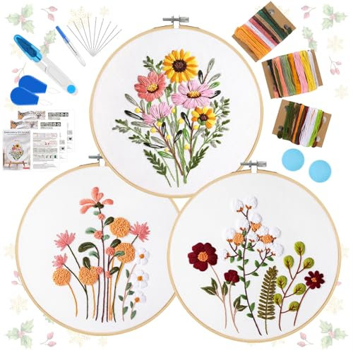 Sticken, Blumenmuster Pflanzen Stickset, Stickset für AnfäNger Erwachsene, Stickerei Set Stickrahmen Tools Kit, Kreuzstich Set Starter Tools Kit Mit 2 StüCk Bambus für DIY Kunst, Handwerk, Nähen