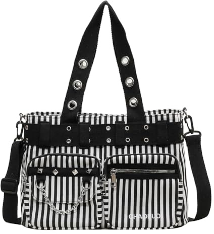 Kexpery Rockabilly Damen Umhängetasche mit Kette Canvas Punk Handtasche Reißverschluss Punk Style Umhängetasche Girls Tägliche Tasche