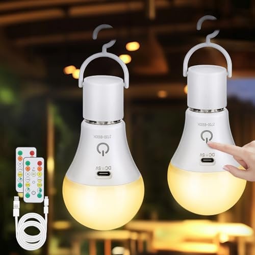 Kimjo Bombilla Recargable USB con Mando - Bombilla Inalámbrica sin Electricidad E27 7W 3 Color Regulable - Bombilla sin Punto de Luz Control Táctil - Luz de Emergencia 2 Pack
