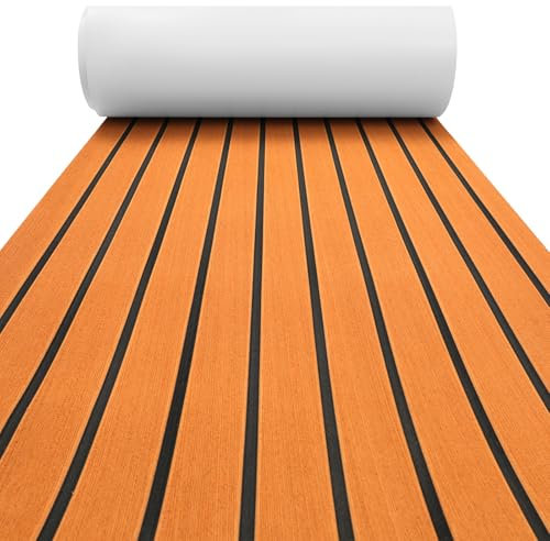JKYGINGD Boat Flooring EVA Foam Boat Decking Non-Slip Self-Adhesive Flooring Faux Teak Marine Mat Boat Carpet Boat Mat Sheet for Motorboat RV Yacht (Brown with Black Seam Lines, 96 x 48.3 32.2sqft)