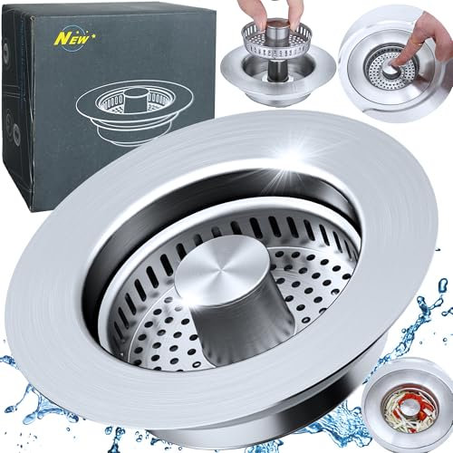 Upgraded 3 in 1 Sink Drain Strainer, Kitchen Sink Strainer and Stopper Combo,Stainless Steel Pop Up Sink Stopper,Anti-Clogging Sink Strainer Basket with Handle,Standard (3-1/2 Inch Drain)