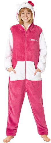 Hello Kitty Sanrio Girls Fleece Onesie with Hood 3D Ears, Loungewear Pyjamas Kawaii Sleepsuit Kids Teens, Anime Gifts for Girls (5-6 Years, Red Hello Kitty)