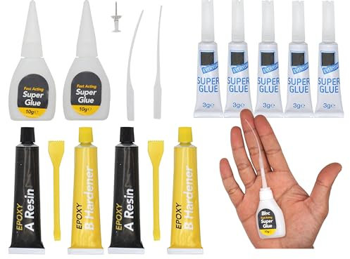 7x Superglue with Point Nozzle and 4x Epoxy Resin Glue with Anticlog Cap, Strong Glue All Purpose, Clear Glue for Plastic, Glass, Instant Super Glue for Wood, Ceramic
