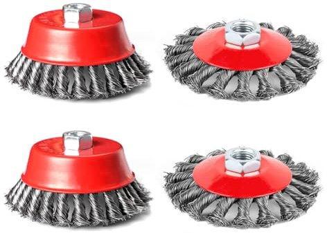 Secwell 4 Stück Drahtbürste für Winkelschleifer 75 mm und 100 mm Scheibenbürste M14 Topfdrahtbürste