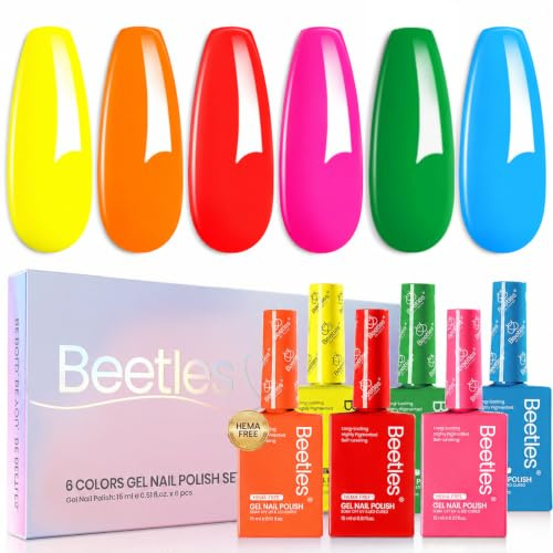 Beetles Gel-Nagellack-Set, 6 Farben Neon-Regenbogen Hot Pink Rot Gelb Orange Nagellack-Set 15 ml Vollgröße Soak-Off-UV-LED-Lampe Nagelkunst-Salon bunte Flasche Maniküre Halloween