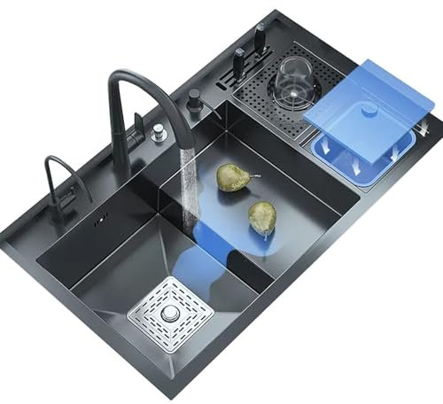 SaryEdge Küchenspüle, 18 Gauge-Edelstahlspüle, Arbeitsstation, große Einzelspüle, Leiter-Gläserspüler, Multifunktionsspüle mit Mülleimer(Dunkelgrau-85 * 50 * 22cm