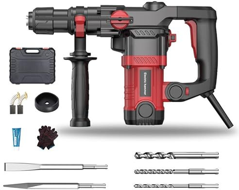 hzexun 1200W SDS-Plus Bohrhammer,4 Funktionen 6 Geschwindigkeiten,4500BPM/0-1050U/Min, Anti-Vibrationsgriff,Sicherheitskupplung,Schlagbohrschrauber für den Heimgebrauch und Professionelle Bauarbeiten