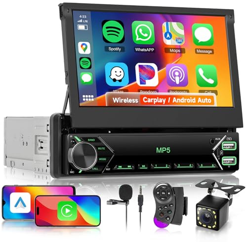 Single Din Car Radio Stereo with 7 Inch Manual Flip Out Touchscreen, Hodozzy 1 Din Wireless CarPlay Android Auto Bluetooth FM Radio Steering Wheel Control+ Reverse Camera Dual USB Type-C External Mic