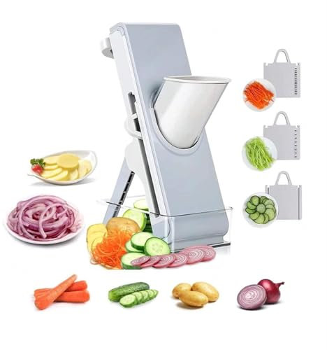 Mandolin Slicer Mandoline Safe, for Vegetables Cutting Frozen Meal or Sausages Safe Slicer Mandoline, Slicer with Hand with Container, Thickness Adjuster Multi Blades,(Grey)