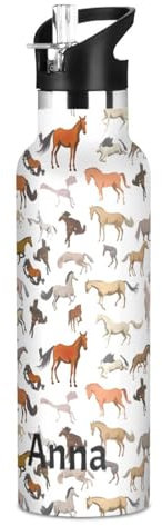 Botella de agua personalizada para niños, botella de agua de acero inoxidable personalizada para viajes o escuela, sin BPA, razas de caballos, color blanco