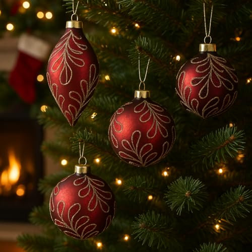 Bola de árbol de Navidad de cristal con elegantes hojas decorativas, 4 modelos surtidos, para un árbol refinado y luminoso, ideal para cualquier ambiente navideño, 8 cm – Varzi desde 1956