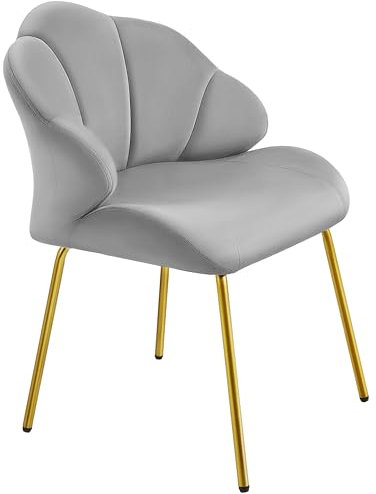 Yaheetech Fauteuil de Salon Moderne, Design Coquillage, Chaise de Chambre à Coucher Confortable, Rembourré, Ergonomique, Fauteuil en Velours avec Dossier, Pieds en Métal Plaqué Or Gris Clair