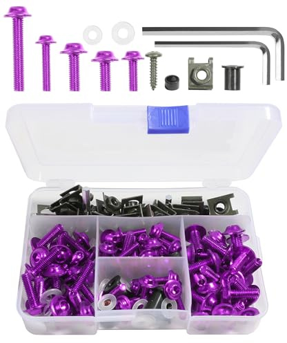 Xibao 177PCS Kit Visserie Moto,Kit de Boulons de Carénage de Motos,Boulons de Carénage En Aluminium,Ensemble de Capots de vis de Moto,Convient à la Plupart des Motos,Sports Motorisés (Violet)