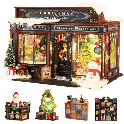 CUTEROOM Holz-Puppenhaus mit Möbeln & Musikwerk – Weihnachts-Wonderland Bastelset, DIY Geschenk mit beweglicher Mechanik, Beleuchtete Miniatur-Deko für Zuhause