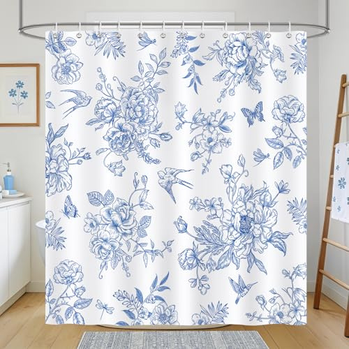 COZZSNUGE Duschvorhang 180 x 180 cm Blaue Blumen, Vintage Blume Blätter Pflanze Vögel Boho Duschvorhänge Anti-schimmel Wasserdicht Polyester Stoff Badvorhang mit 12 Duschvorhangringen