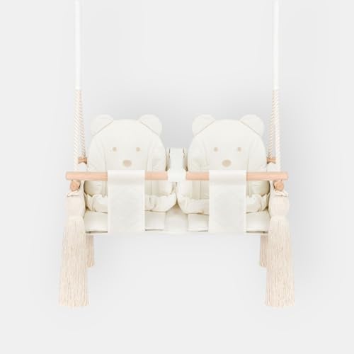 Nid Magique Babyschaukel für den Innenbereich, Doppelsitz, Velours, gesteppt, 30 kg, Sicherheitsgurte und Massivholz, Stickerei mit Vornamen, personalisierbar, hergestellt in Europa, Beige