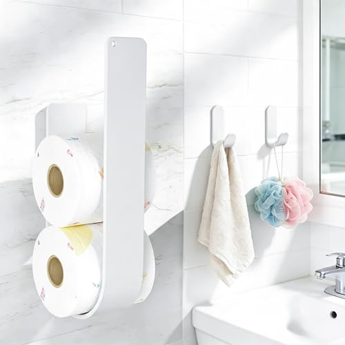 FALSKT Porta Rotoli Carta Igienica Scorta Bianco con 2 Ganci Autoadesivi | Porta Rotolo Carta Igienica Adesivo Portarotolo Carta Igienica per 3 Rotoli Portacartaigienica Bagno Adesivo da Parete