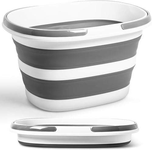 Large Collapsible Mop Bucket with Handles | 16L Space Saving Foldable Silicone Tub for Cleaning, Laundry, Storage | Portable Wash Basin for Home & Car (Black & White Color)